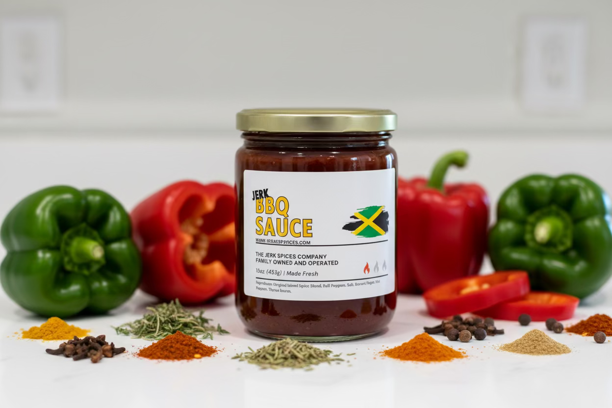 Jar of The Jerk Spices BBQ sauce with a Jamaican flag label on a wooden surface