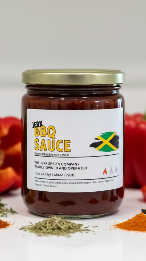Jar of the jerk spices BBQ sauce with a Jamaican flag label, surrounded by peppers and spices on a white surface.