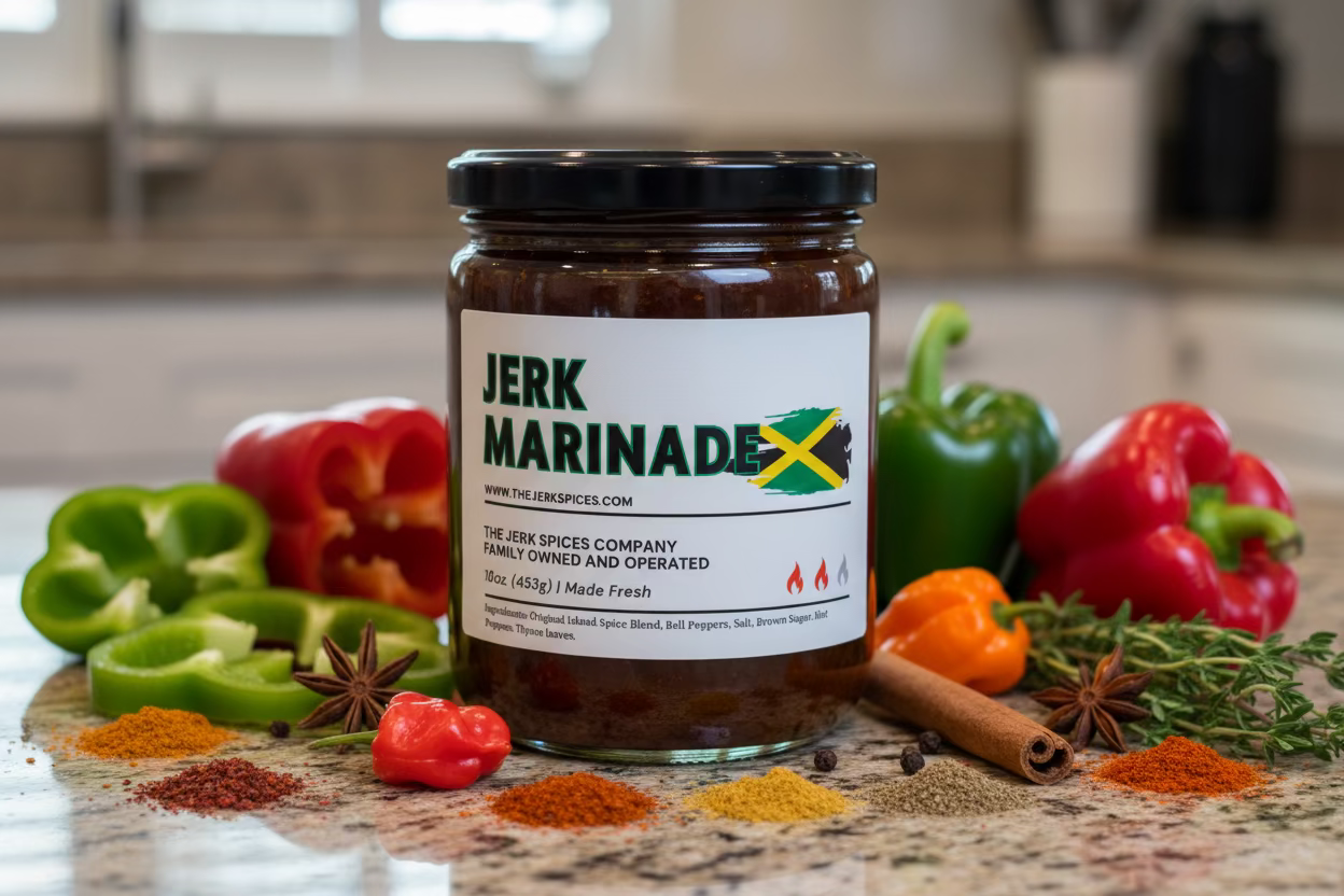 Jar of the jerk spices jerk marinade on a wooden surface with a blurred background